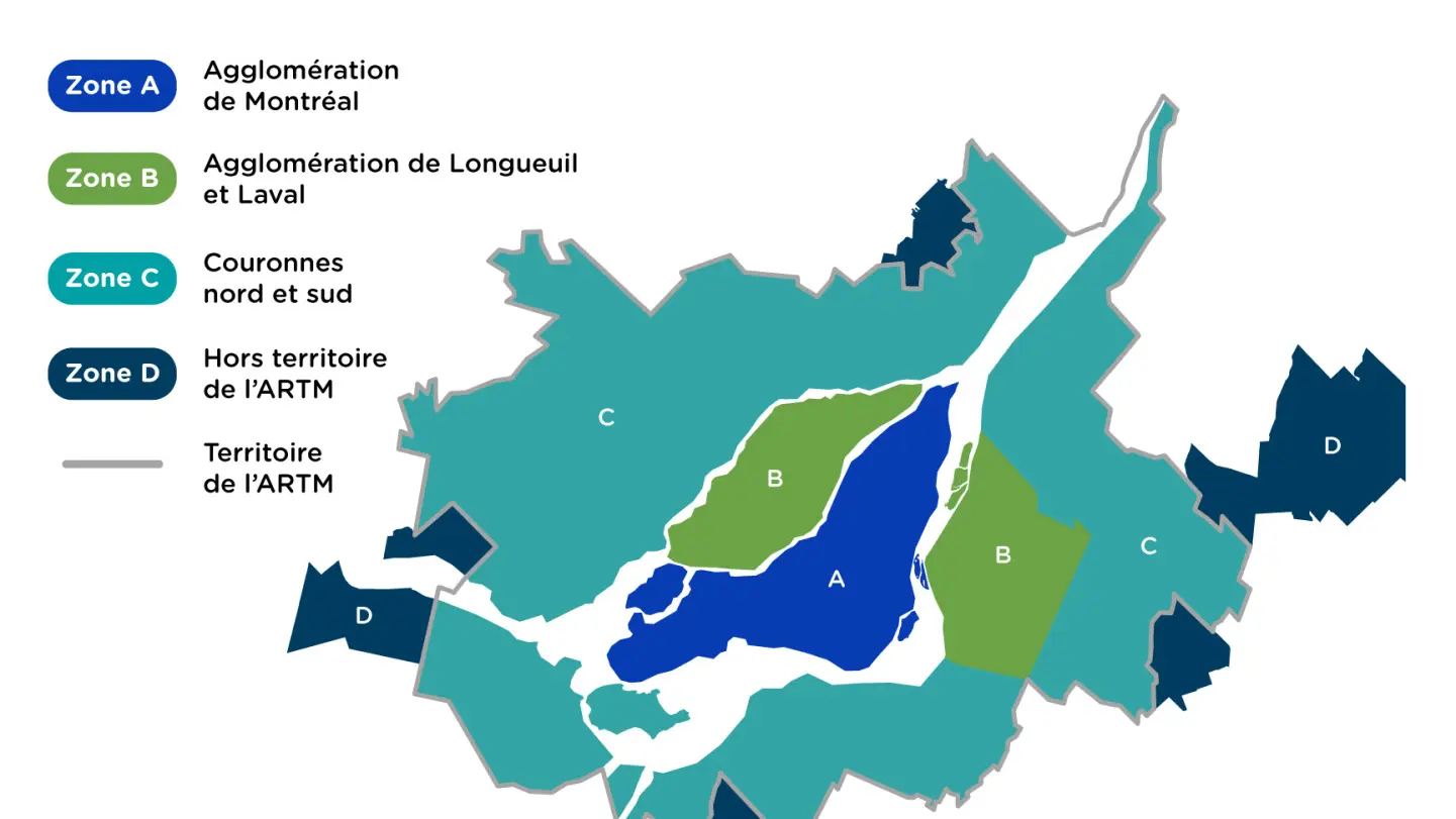 Carte des zones tarifaires - Zone A Agglomération de Montréal - Zone B Agglomération de Longueuil et Laval - Zone C Couronnes nord et sud - Zone D Hors territoire de l'ARTM