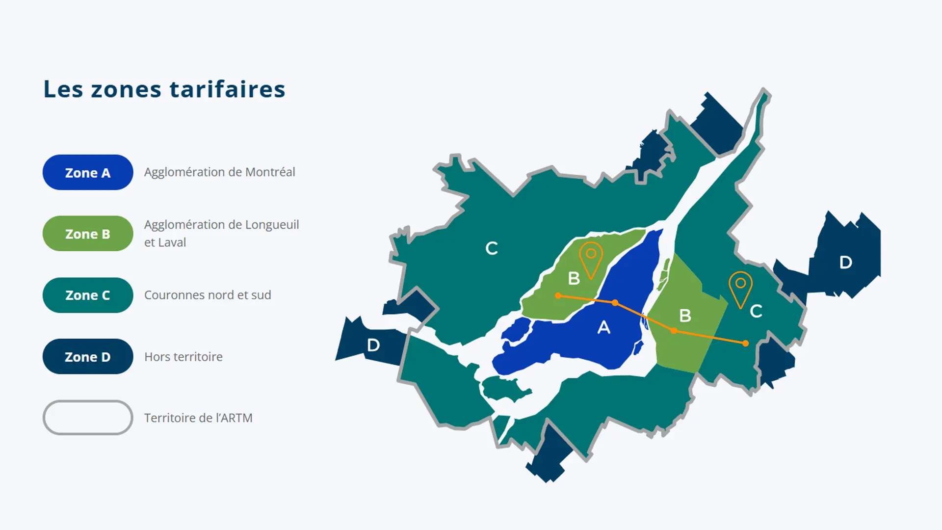 Carte des zones tarifaires - Déplacements entre zone B Laval et zone C Couronne sud