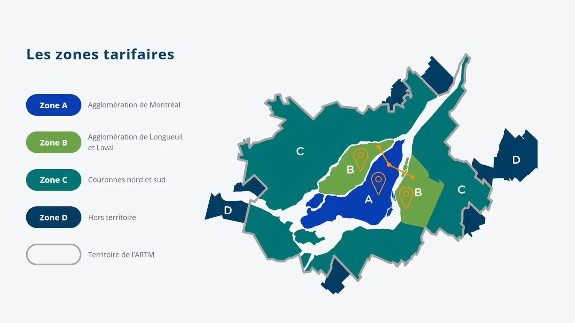 Carte des zones tarifaires - Déplacements entre zones A  Montréal et B Laval-Longueuil